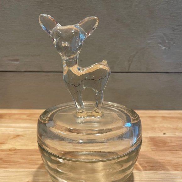 Jeanette Glass Co. Other - Vtg. Jeanette Glass Co. Clear Glass Deer/Fawn Covered Vanity Powder Jar *